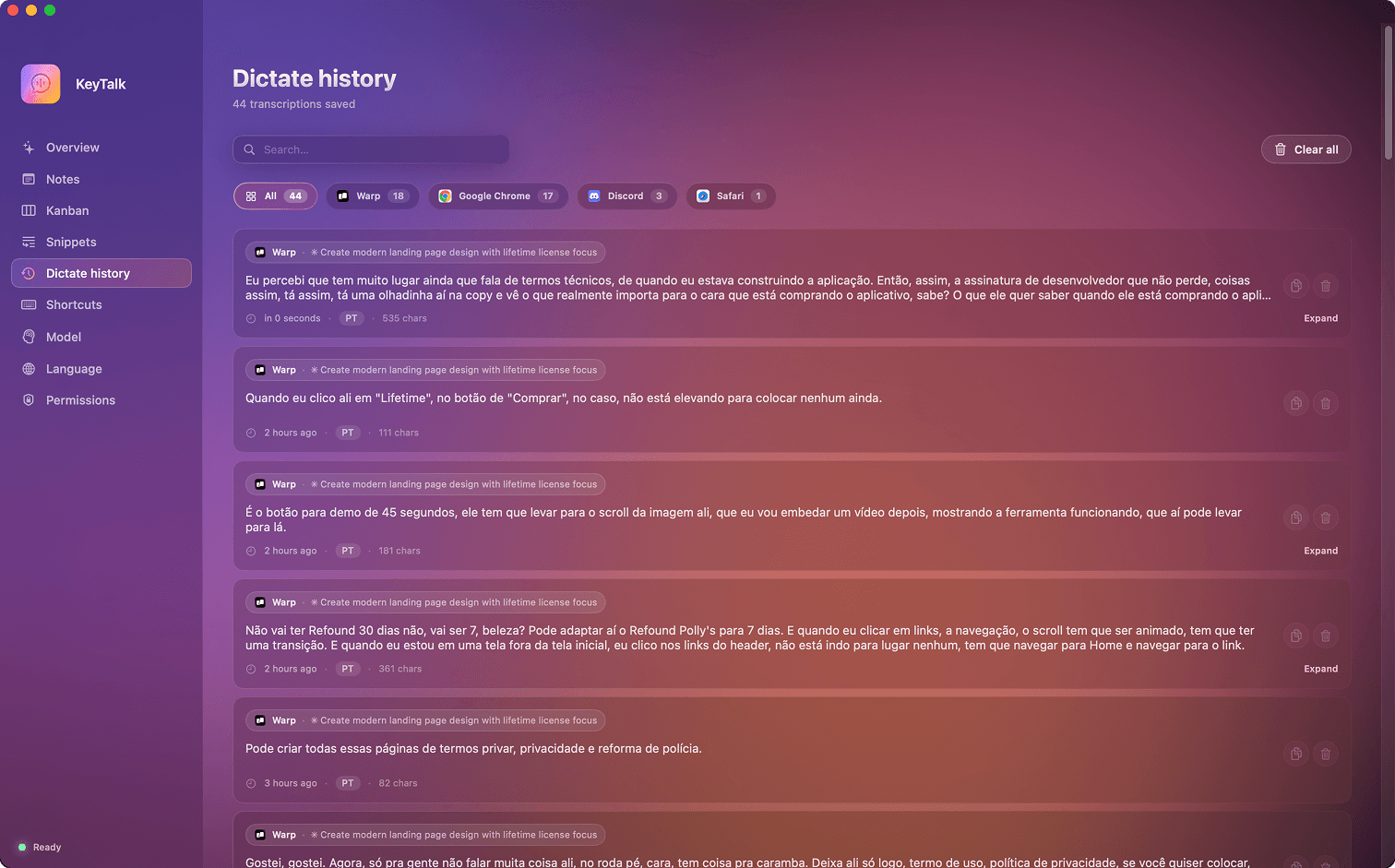KeyTalk — Dictate history showing transcriptions grouped by source app